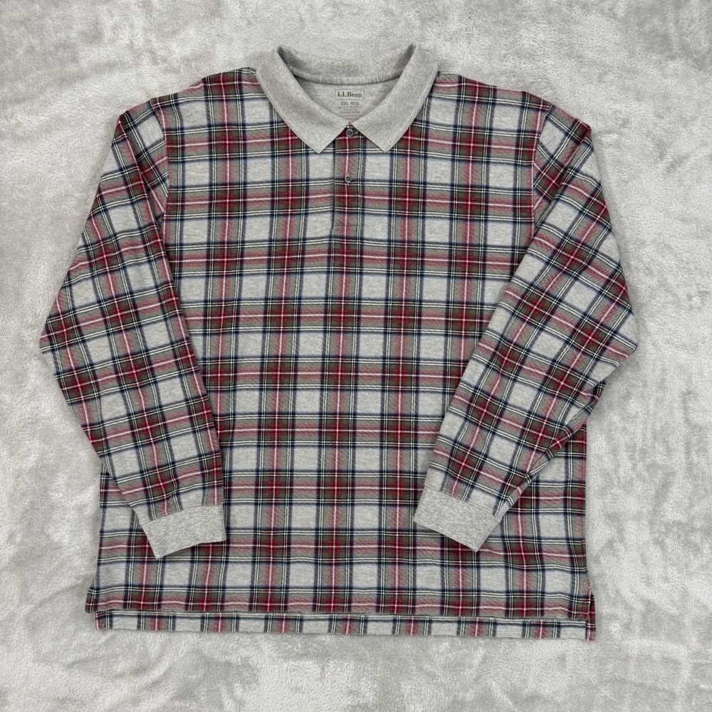 LL‎ Bean Polo Shirt Mens XXL Red Gray Plaid Heavy Knit Cotton Long Sleeve Preppy